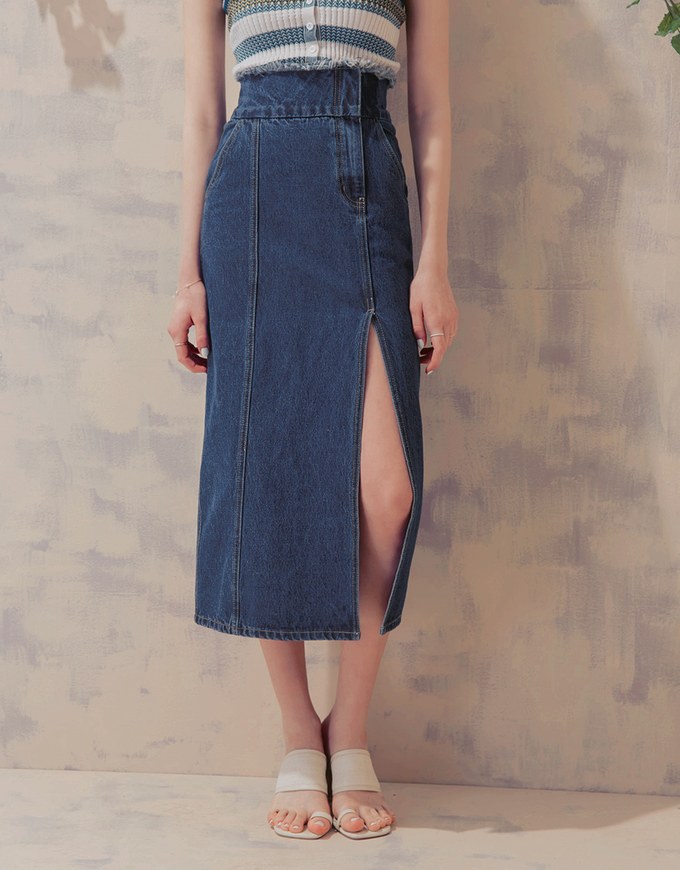 High Waisted Frayed Asymmetrical Slit Denim Skirt