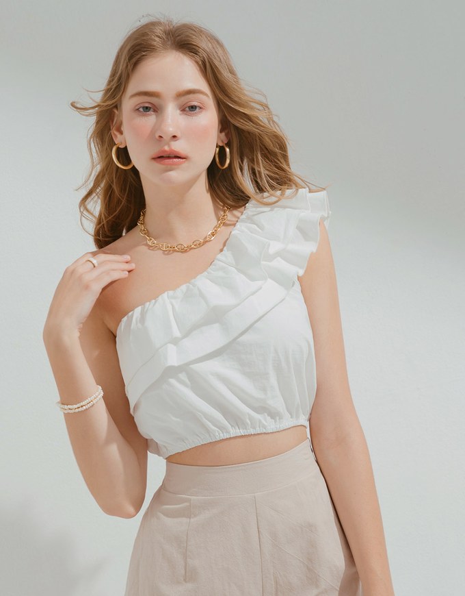 Double Layered Ruffled One-Shoulder Crop Top