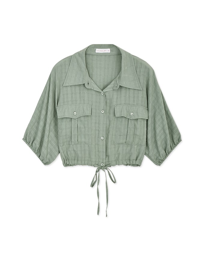 Sheer Gingham Hem Drawstring Pocket Blouse