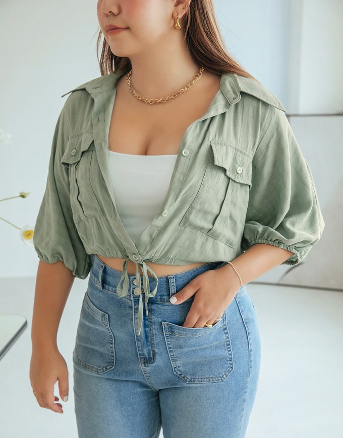 Sheer Gingham Hem Drawstring Pocket Blouse