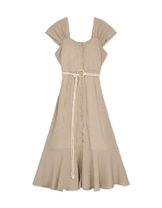 2WAY Striped Buttoned Splice Maxi Dress (With Belt)