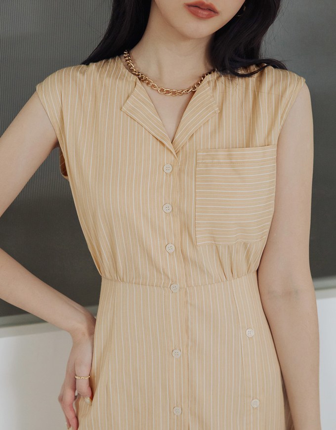 Double-Breasted Striped Slit Shirt Maxi Dress