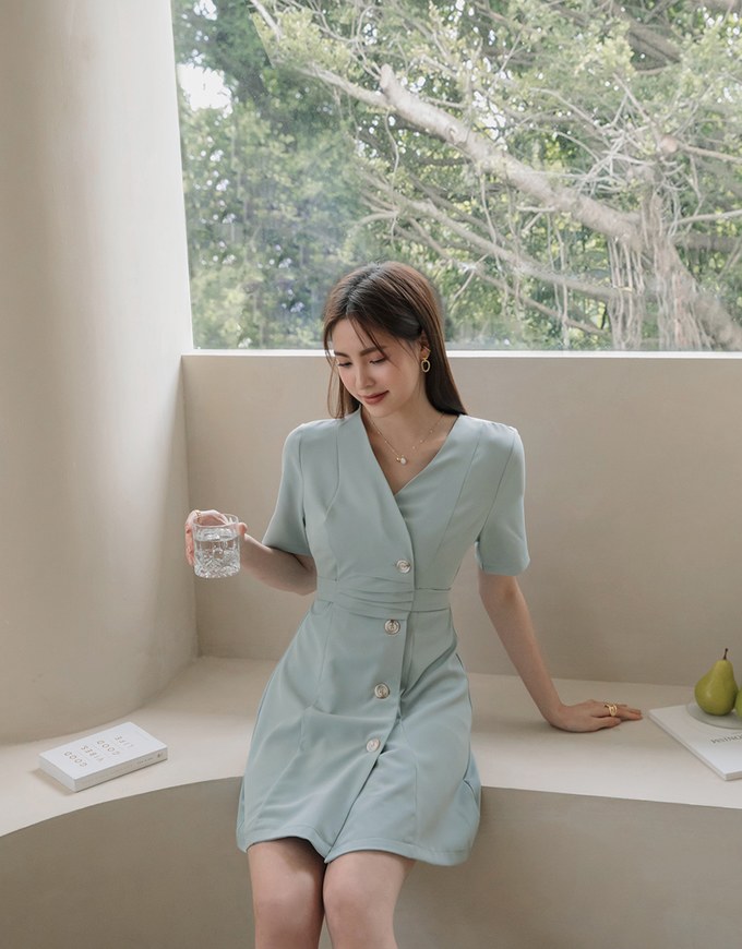 Waist Pleats Row Button Back Button Waist Short Dress