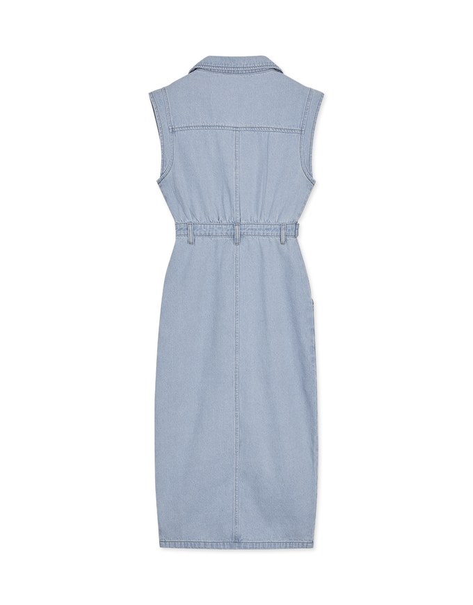 【Vacanza 】 Long Denim Dress With Lapel Collar And Placket Button Slit