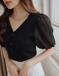 Elevated Detailing V-Neck Splice Puff Sleeve Crop Top