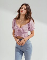Fine Checkered Front Knot Puff Sleeve Crop Top
