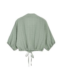 Sheer Gingham Hem Drawstring Pocket Blouse