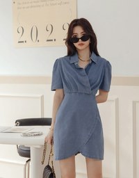 Voguish Arc Overlap Scrunch Denim Mini Dress