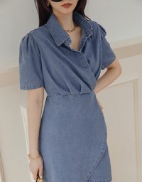Voguish Arc Overlap Scrunch Denim Mini Dress