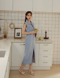 【Vacanza 】 Long Denim Dress With Lapel Collar And Placket Button Slit